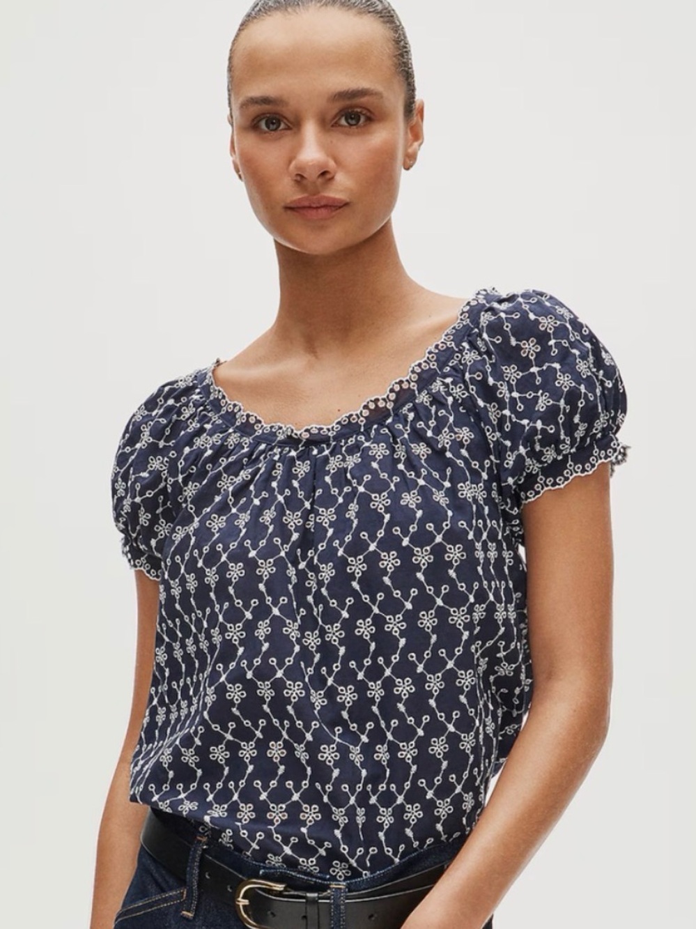J. Crew Navy Scallop-trim eyelet top Size XS New with Tags